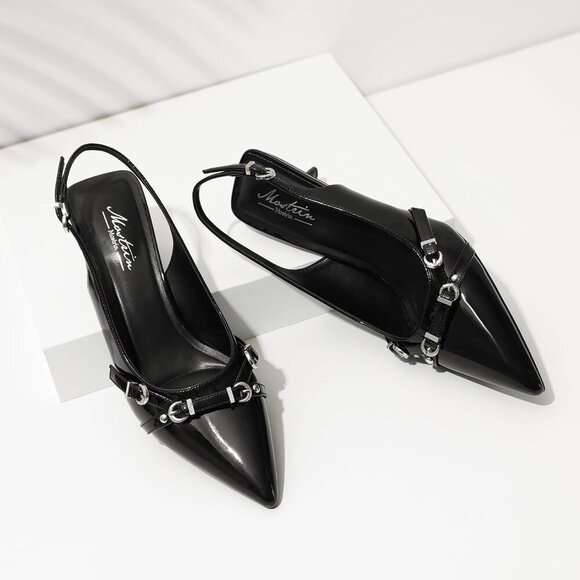 Black Pointed Toe Pumps Leather Low Heel Slingback Heels with Buckle Dress Shoe - Picture 3 of 9